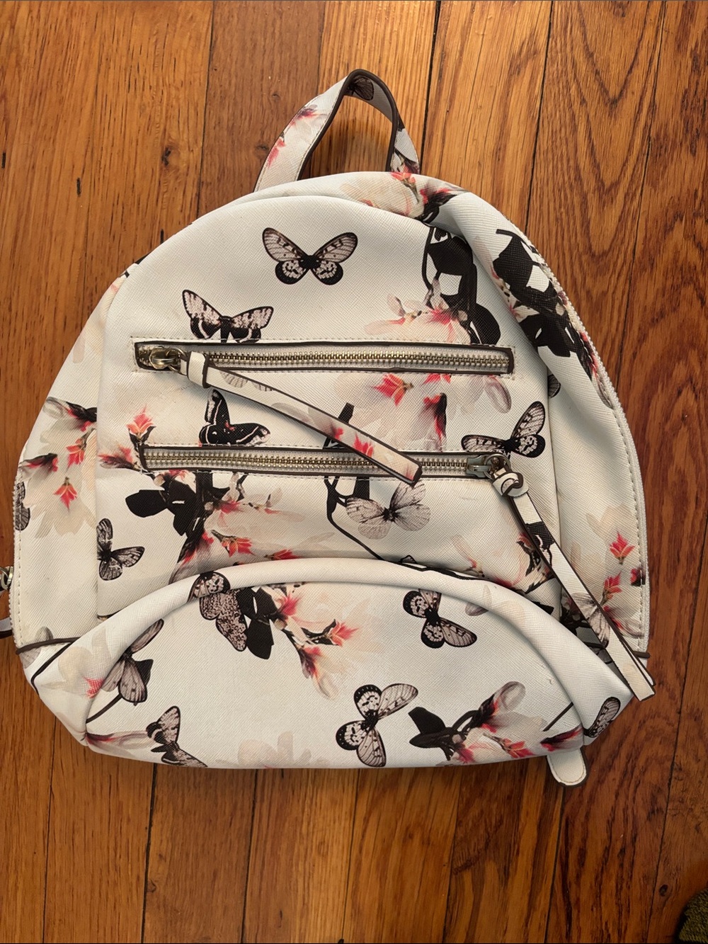 Claire's White Mini Backpack with Black Butterfly & Pink Floral Print (1)